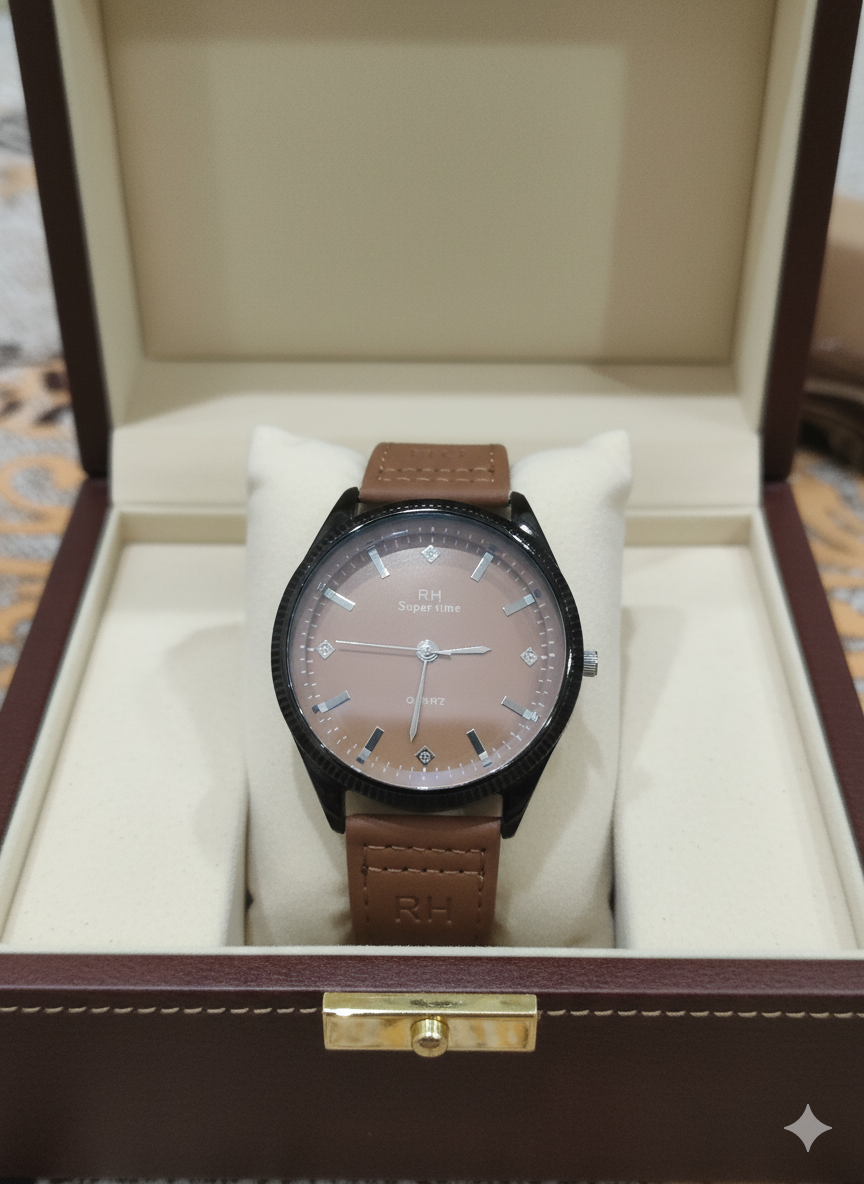RH Super Time Quartz Wristwatch – Classic Brown Dial & Leather Strap